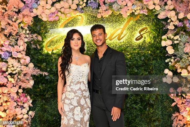 Caroline Joude and Jan Luis Castellanos attend Joud's Cocktail Launch event at Jumeirah Beach Hotel on November 18, 2023 in Dubai, United Arab...