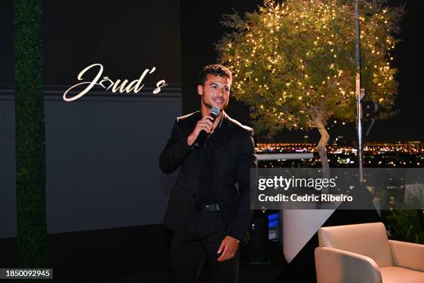 Jan Luis Castellanos addresses the guest's at Joud's Cocktail Launch event at Jumeirah Beach Hotel on November 18, 2023 in Dubai, United Arab...