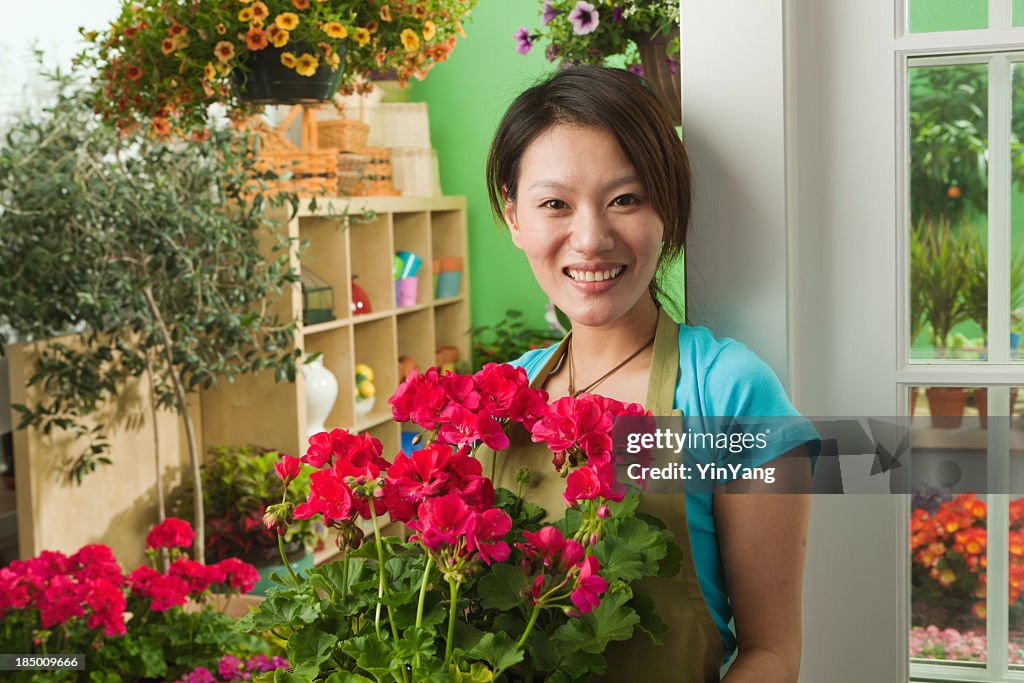Asian Flower Shop Small Business Owner in Front of Store