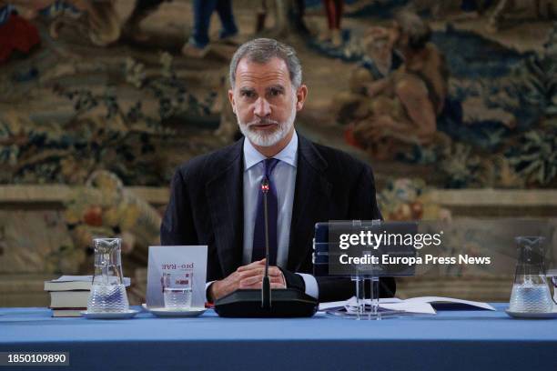 King Felipe VI during the meeting of the Board of Trustees of the Fundacion Pro Real Academia Española and subsequent presentation of the...
