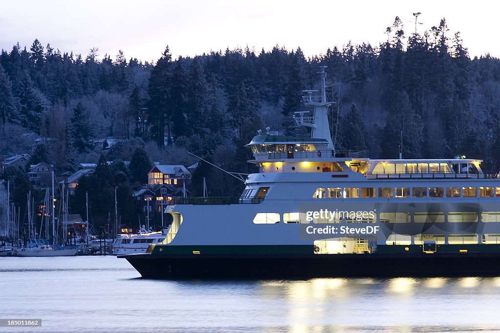 Ferry Parked at Bainbridge Island on a Snowy Evening