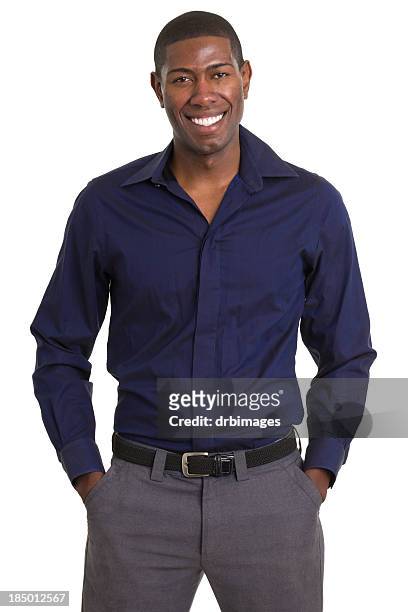 porträt lächelnder mann stehend - blue trousers stock-fotos und bilder