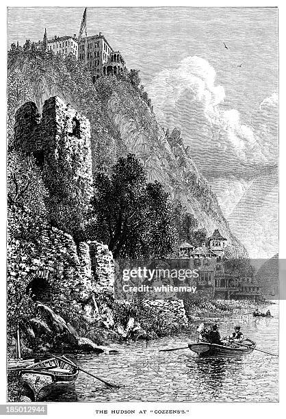 hudson river at cozzens's (victorian engraving) - west point new york stock illustrations