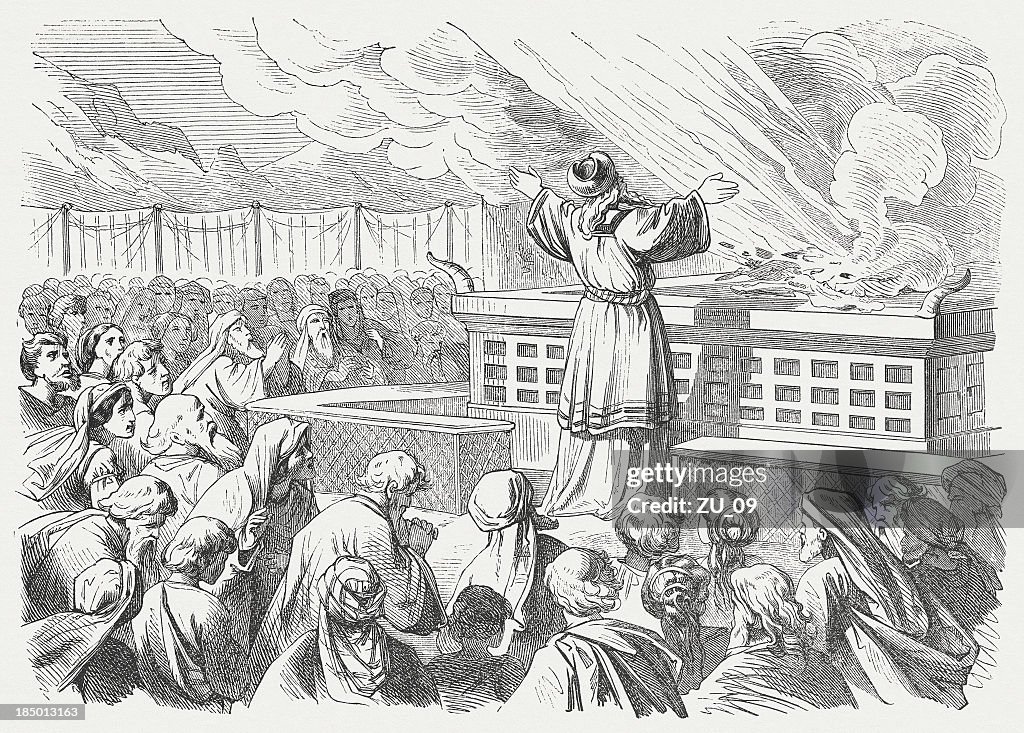 Aaron before the altar (Leviticus 9), wood engraving, published 1877