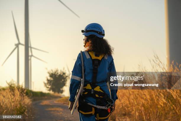 black woman engineer walking in wind turbine farm with solar panel in the evening, green power technology concept - quality control inspectors stock-fotos und bilder