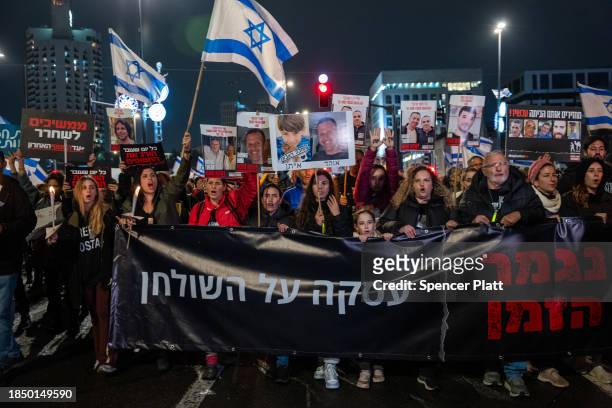 Families of the hostages in Gaza join with members of the public in an evening march and protest around the Knesset to demand the government work to...