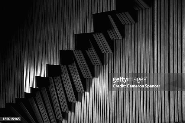 Detail of plain brush box timber used on the walls of the interior and exterior of the concert hall at the Sydney Opera House on September 20, 2013...