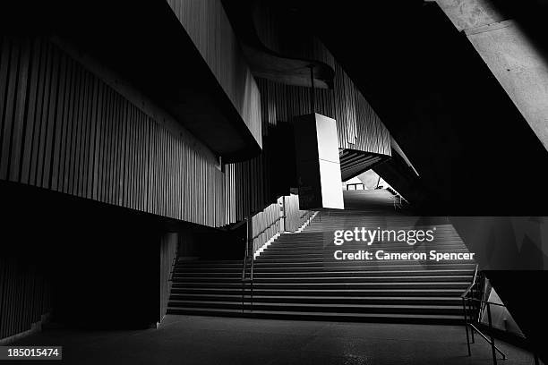 Detail of plain brush box timber used on the walls of the interior and exterior of the concert hall at the Sydney Opera House on September 20, 2013...