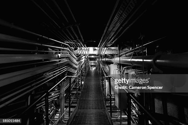 Catwalk containing power and lighting pipelines servicing the Concert Hall at the Sydney Opera House on September 20, 2013 in Sydney, Australia. On...