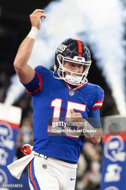 Tommy DeVito of the New York Giants reacts as he takes the field prior to an NFL football game between the New York Giants and the Green Bay Packers...