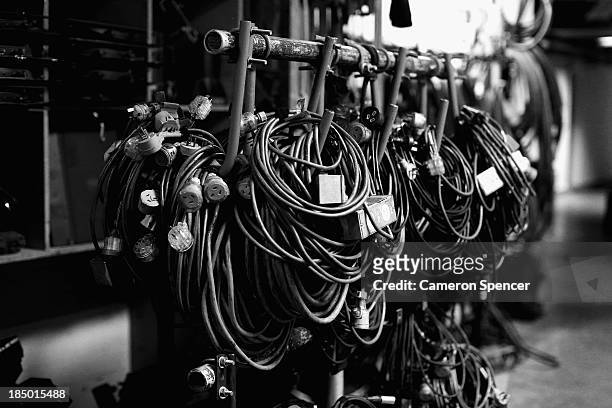 Power cords and electrical equipment are seen in the Dame Joan Sutherland Theatre dock two floors below stage level at the Sydney Opera House on...