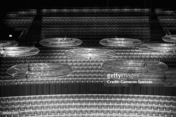 The acoustic rings called the 'clouds' float above the stage in the concert hall at the Sydney Opera House on September 20, 2013 in Sydney,...