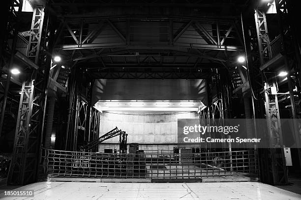 The lifts in the Dame Joan Sutherland Theatre dock are seen two floors below stage level at the Sydney Opera House on October 17, 2013 in Sydney,...