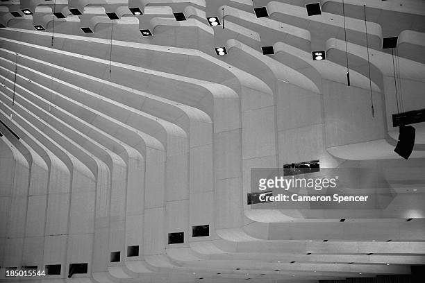 The ceiling of the Concert Hall panelled with white birch is seen inside the Sydney Opera House on September 20, 2013 in Sydney, Australia. On...