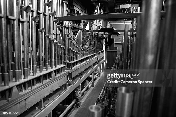 Detail of the back of the Grand Organ containing 10,244 pipes, 205 stops and five manuals is seen inside the concert hall at the Sydney Opera House...
