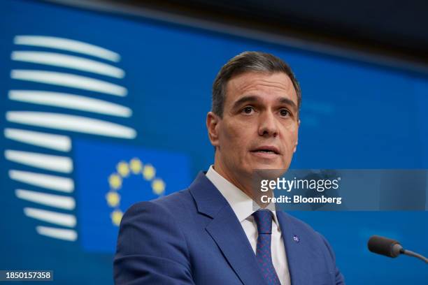 Pedro Sanchez, Spain's prime minister, during a news conference following a summit of European Union leaders in Brussels, Belgium, on Friday, Dec. 1,...