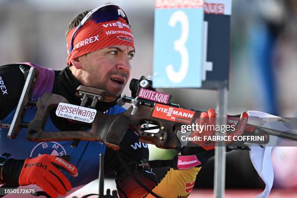 Germany's Philipp Nawrath competes in the men 10km sprint event of the IBU Biathlon World Cup in Lenzerheide, eastern Switzerland, on December 15,...