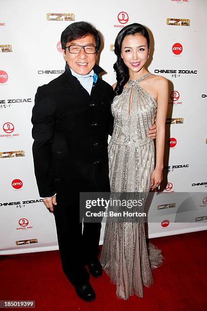 Actor Jackie Chan and actress Yao Xingtong attends the primiere of "Chinese Zodiac" at AMC Century City 15 theater on October 16, 2013 in Century...