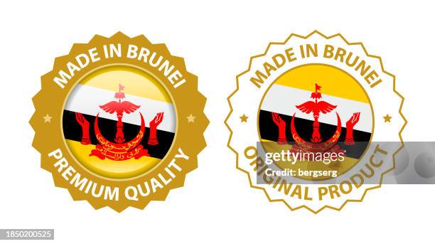 made in brunei. vector premium quality and original product stamp. glossy icon with national flag. seal template - brunei stock illustrations