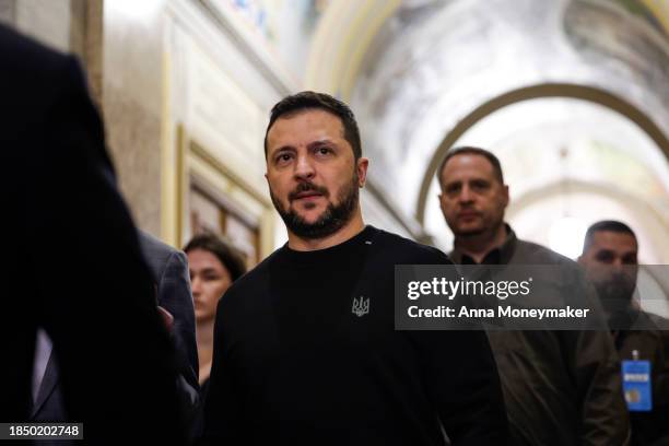 Ukrainian President Volodymyr Zelensky walks through the U.S. Capitol between meetings withCongressional leadership on December 12, 2023 in...