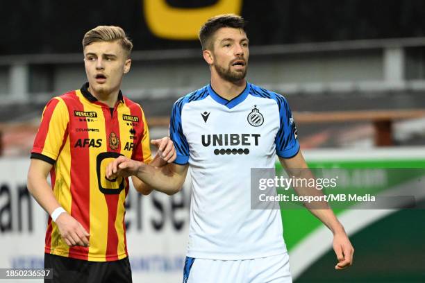 Norman Bassette of Mechelen pictured with Brandon Mechele of Club Brugge during a football game between KV Mechelen and Club Brugge KV on match day...