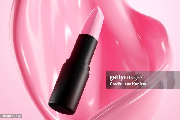 pink lipstick, lip gloss on splash background. cosmetic products. makeup accessories. skin care. beauty 3d pattern. design element, for advertisement. - brillant à lèvres photos et images de collection