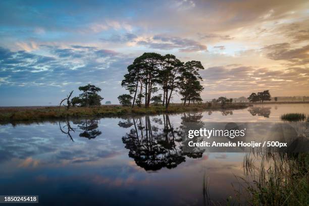 scenic view of lake against sky at sunset - natuurgebied stock-fotos und bilder