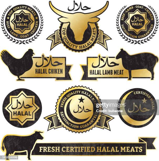 halal meat and poultry golden grunge vector icon set - barbecue chicken stock illustrations