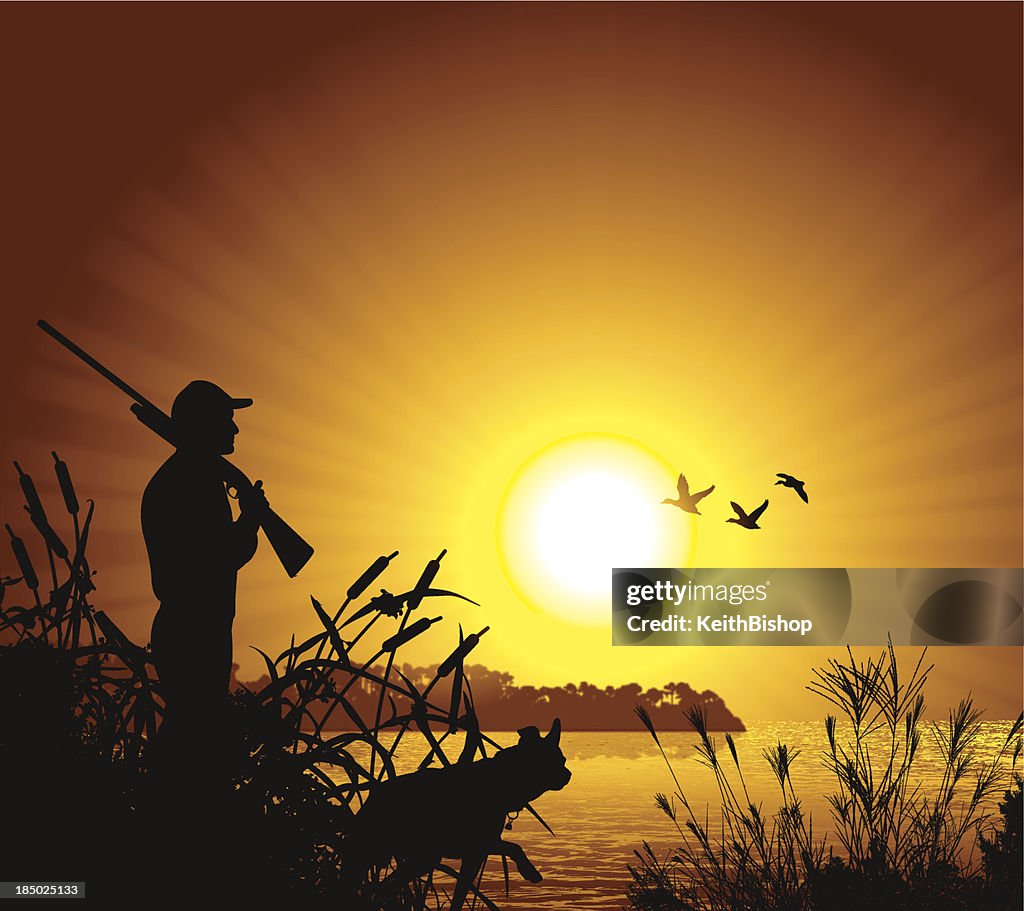 Duck Hunter at Sunset Background