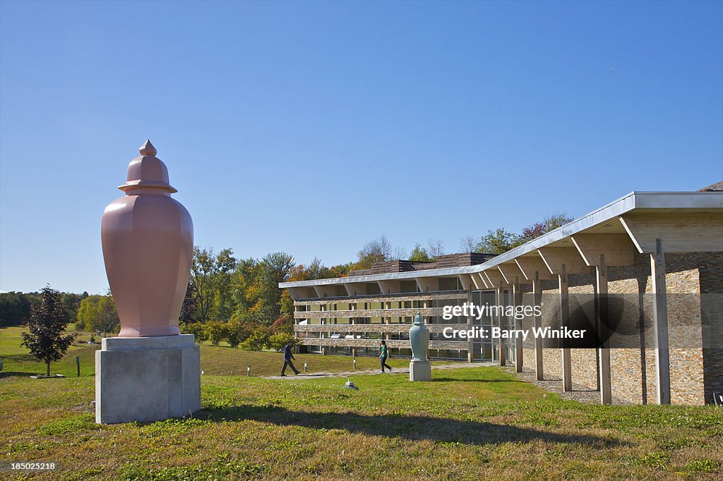 Huge covered urns on pedestals near visitor center