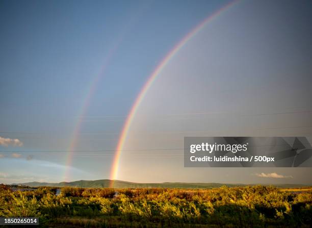 scenic view of rainbow over field against sky - dubbel regnbåge bildbanksfoton och bilder