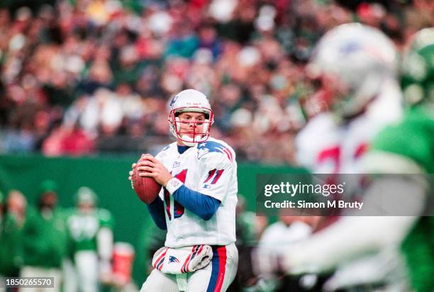 Drew Bledsoe, quarterback of the New England Patriots in action against the New York Jets at the Meadowlands Stadium on November 10th, 1996 in New...