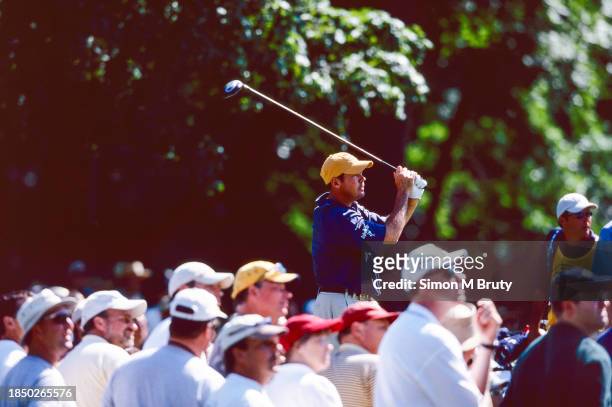 Rich Beem of the USA hits of the seventh tee during the final round and on his way to winning the PGA Championship on August 18th, 2002 at the...
