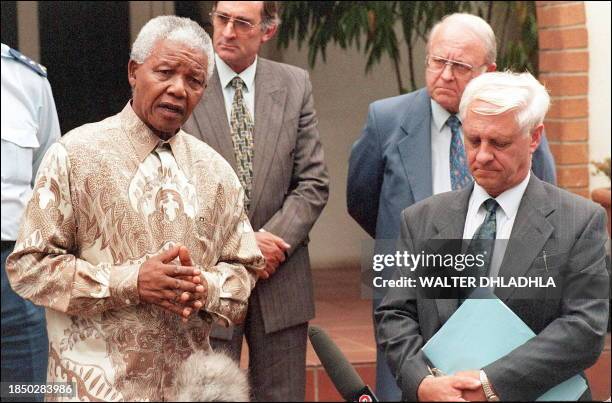 South African President Nelson Mandela addresses the media after his meeting with General Constand Viljoen , leader of the rightwing Afrikaner...