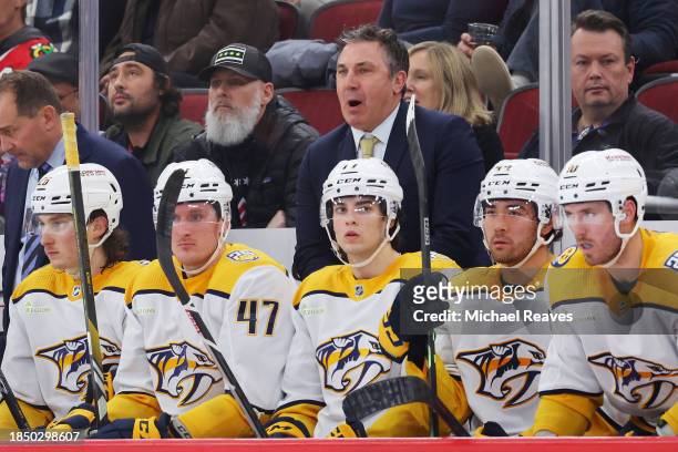 Head coach Andrew Brunette of the Nashville Predators reacts against the Chicago Blackhawks during the third period at the United Center on December...