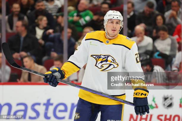 Tyson Barrie of the Nashville Predators looks on against the Chicago Blackhawks during the second period at the United Center on December 05, 2023 in...