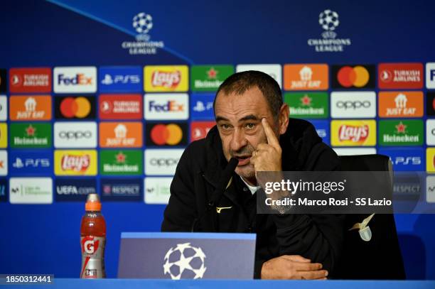 Lazio head coach Maurizio Sarri attends during the press conference before UEFA Champions League match between Atletico Madrid and SS Lazio at...