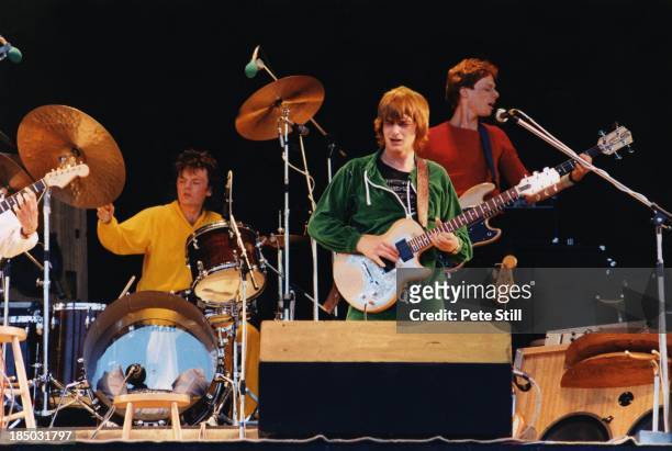 Drummer Pierre Moerlen and Bassist Hansford Rowe perform on stage with Mike Oldfield at the Knebworth Festival, on June 21st, 1980 in Hertfordshire,...