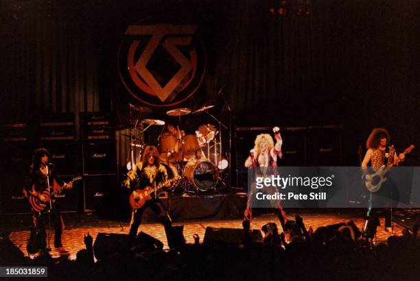 Eddie 'Fingers' Ojeda, Jay Jay French, AJ Pero, Dee Snider and Mark Mendoza of Twisted Sister perform on stage at the Lyceum Theatre in the Strand,...