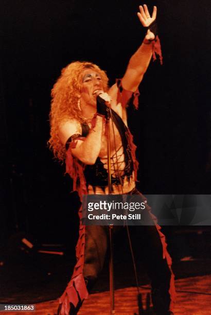 Dee Snider of Twisted Sister performs on stage at the Lyceum Theatre in the Strand, on April 19th, 1983 in London, England.