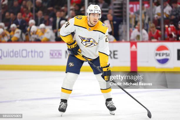 Spencer Stastney of the Nashville Predators looks on against the Chicago Blackhawks during the first period at the United Center on December 05, 2023...