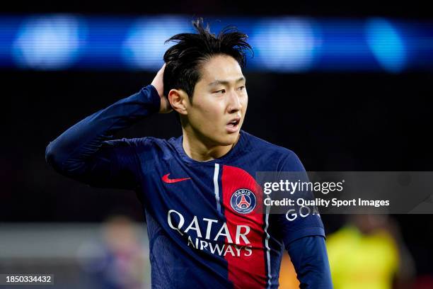 Kang-in Lee of Paris Saint-Germain FC looks on during the Ligue 1 Uber Eats match between Paris Saint-Germain and FC Nantes at Parc des Princes on...