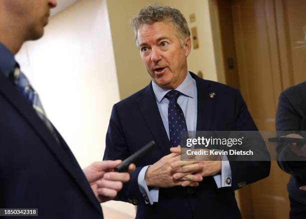 Sen. Rand Paul speaks to reporters before a Senate luncheon at the U.S. Capitol on December 12, 2023 in Washington, DC. Senators met today with...