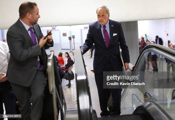 Sen. Tom Carper speaks to reporters before a Senate luncheon at the U.S. Capitol on December 12, 2023 in Washington, DC. Senators met today with...