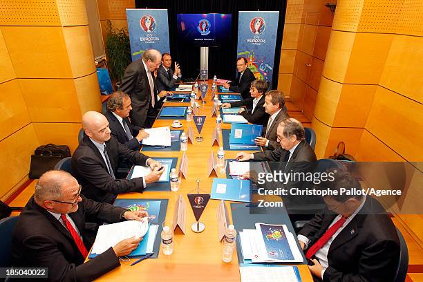 President du Club des Sites Maurice Vincent, Sports Minister Valerie Fourneyron, UEFA President Michel Platini, President of the Euro 2016 SAS...