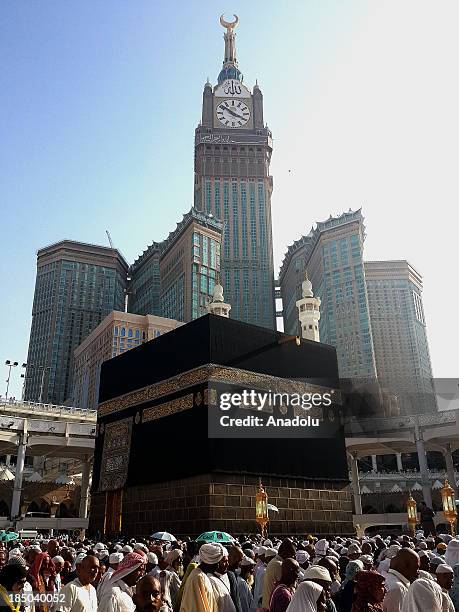 Muslims in Mecca performing the farewell circumambulation on October 17 in Mecca, Saudi Arabia. Muslim pilgrims are being back in Kaaba following the...