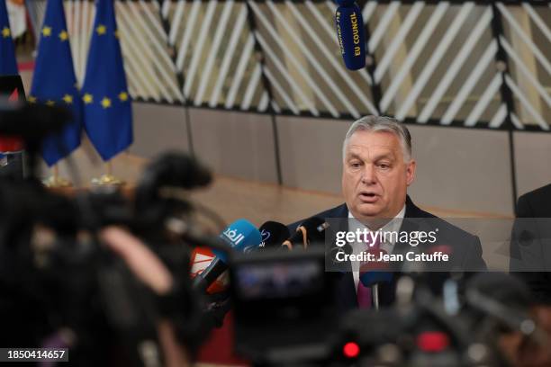 Prime Minister of Hungary Viktor Orban arrives at the European Council summit at Batiment Europa on December 14, 2023 in Brussels, Belgium.