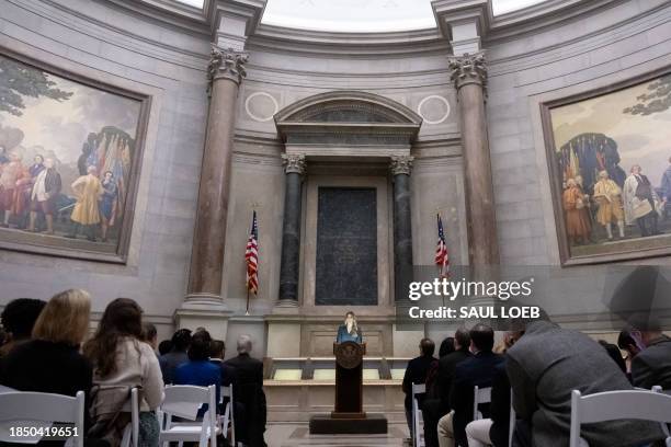 Former US First Lady Melania Trump speaks during a Naturalization Ceremony at the National Archives building in Washington, DC on December 15, 2023....