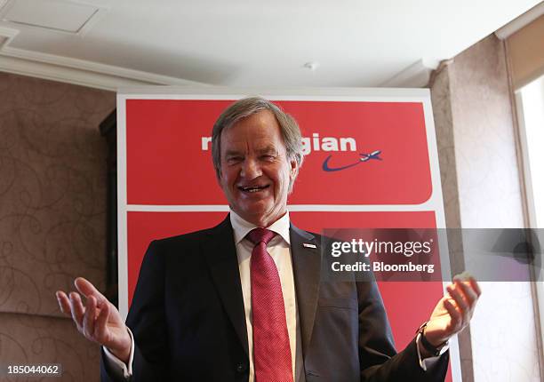 Bjoern Kjos, chief executive officer of Norwegian Air Shuttle AS, gestures as he speaks during a news conference in London, U.K., on Thursday, Oct....