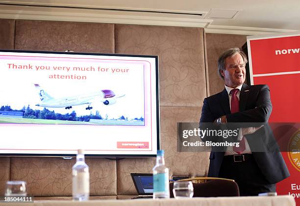 Bjoern Kjos, chief executive officer of Norwegian Air Shuttle AS, speaks during a news conference in London, U.K., on Thursday, Oct. 17, 2013....